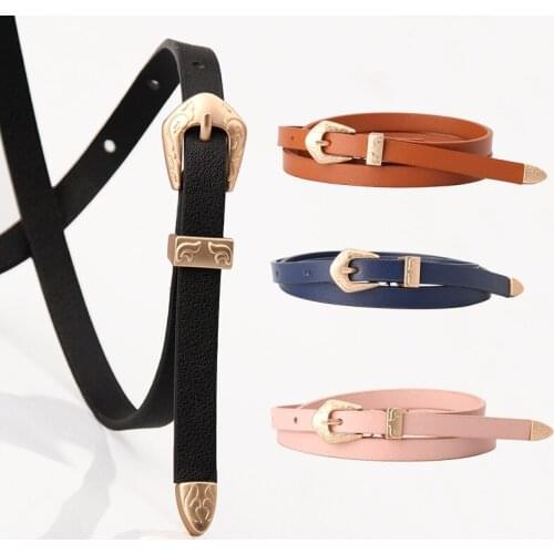 Vintage Belt Fashion Metal Buckle Thin Belts for Women PU Leather Belt Female Casual All-Match Dress Waistband
