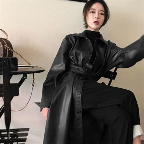 Long outerwear black leather trench coat for women long sleeve belt lapel Women fashion 2020 Luxury spring British Style