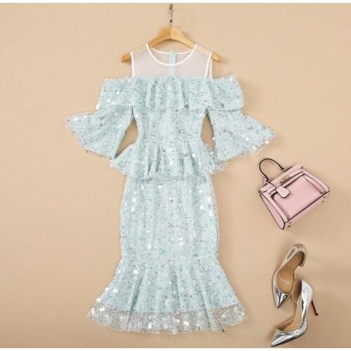 European and American womens wear for summer 2021 Five cuff flounce mesh sequin Dew shoulder Fashionable fishtail dresses
