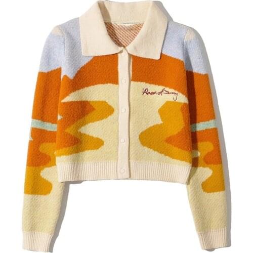 Spring Autumn New Women Cardigans Landscape Print Long Sleeve Knitted Cream Jacket Coat Femme Winter Casual Yellow Sweaters