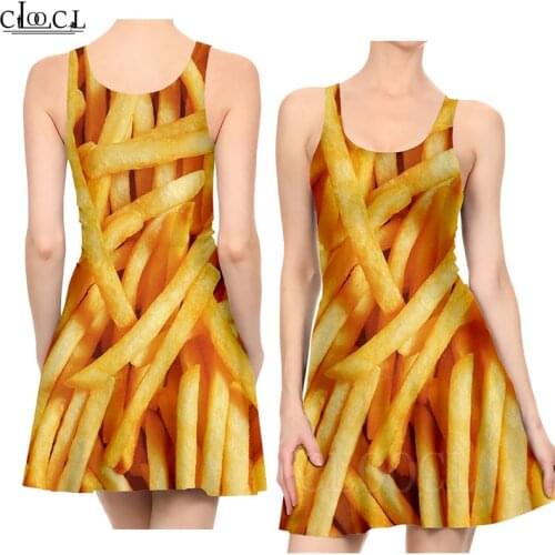 Slim Dress Women Fashion Party Dresses 3D Printed French Fries Pattern Sexy Girl Beach Pleated Summer Beach Dresses robe femme