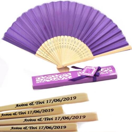 20pcs/lot Custom Folding Fan Personalized Bride & Grooms Name & Date Silk Wedding Hand Fan with Gift Box in 13 colors