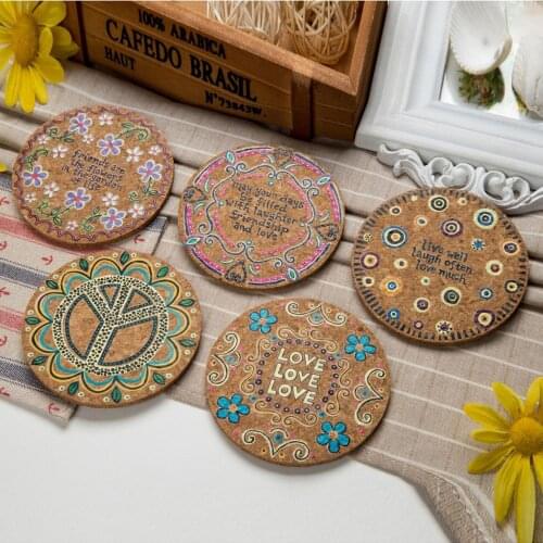 4 Pcs Moisture Resistant Natural Cork Round Cup Coasters Drink Coasters Heat Insulation Patterned Pot Holder Mats for Tabletop
