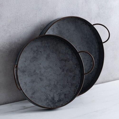 ANTOWALL Round Iron Plate With Handle Metal Bread Tray Home Decoration Garden Photograp Dishes Serving Tray Restaurant