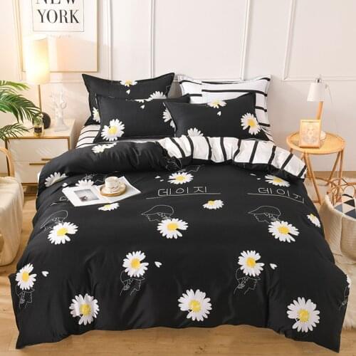 White Daisy Pattern Duvet Cover Set 220x240 Pillowcase 3Pcs，200x220 Quilt Cover，Black Bedding Set, Bed Sheet