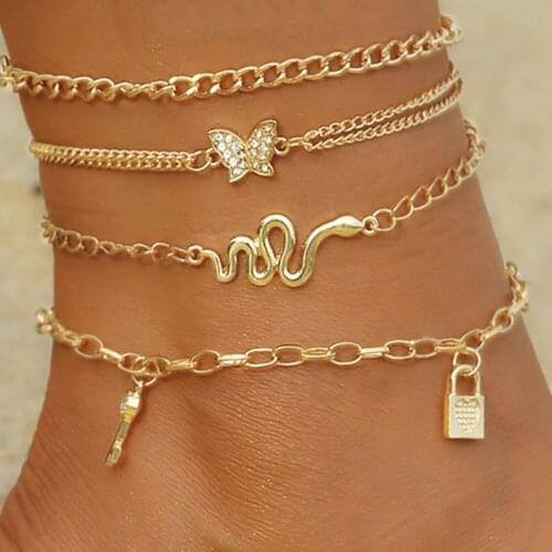 Women Bohemian Snake Butterfly Anklets Female Summer Lock Key Ankle Bracelet Set On Leg Chain Barefoot Jewelry Beach Accessories