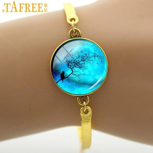 TAFREE Blue Oil Painting Bracelets star moon romantic sweet bracelet starry night picture art glass high quality jewelry A554