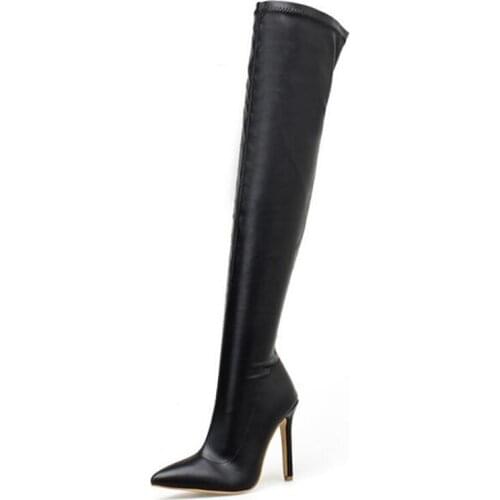 Women shoes High heels PU Slip On Thin Heels 11cm Pointed Toe Long Knee Boots Womens Boots