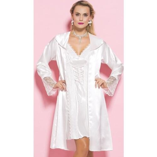Lace Satin Nightgown and Dressing Gown Set Womens White Underwear Home Wear 3 Pieces