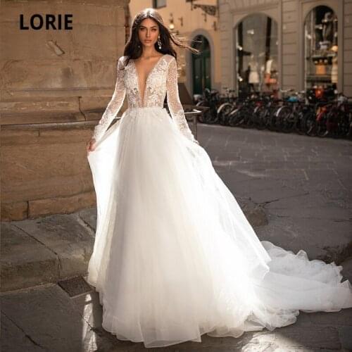 LORIE Elegant White Wedding Dresses with Long Sleeves V-Neck Lace Appliques A-Line Wedding Gown Bride Dress robe de mariage 2021