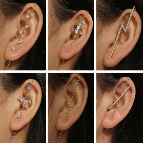New Ear Needle Wrap Crawler Hook Earrings for Women Surround Auricle Diagonal Stud Copper Inlaid Zircon Piercing Earrings