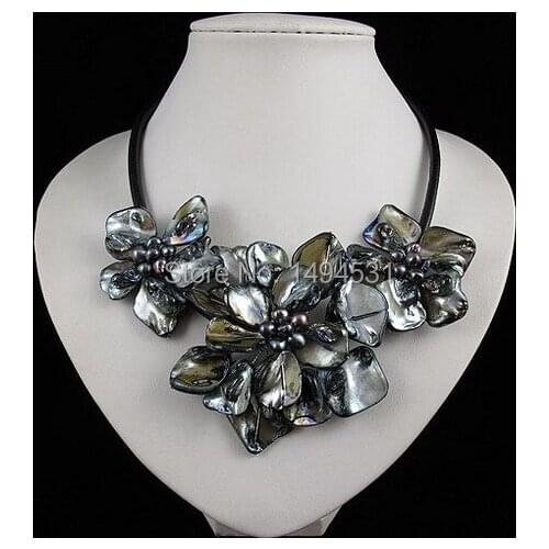 Wholesale Flower Jewelry Handmade Freshwater Pearl Natual Shell Flower Necklace Black Rope Jewelry 18 Inches Free Shipping