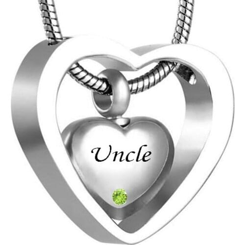 Double Heart Uncle Birthstone Urn Necklace Pendant with Funnel ashes Keepsake Necklace Cremation jewelry