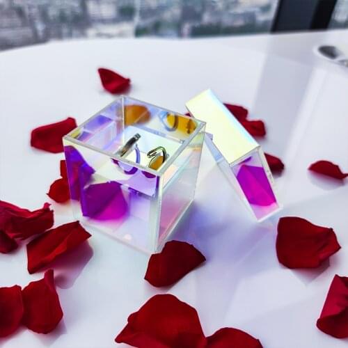 Iridescent Rose Ring Box for Wedding, Engagement and Proposal, Acrylic Ring Bearer Boxes Holder for Jewelry Gift