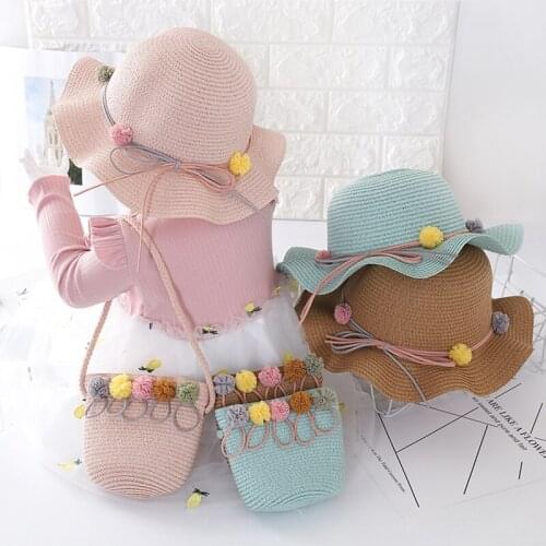 Spring Baby Girls Straw Hat Bag Children Flower Wave Straw Hats Breathable Beach Sun Cap Sweet Princess Seaside Fisherman Caps