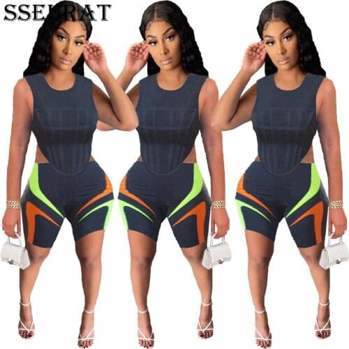 SSEURAT Women Set Patchwork Sleeveless Tank Tops Strechy Shorts Two 2 Piece Set Tracksuit Summer Outfit 2021