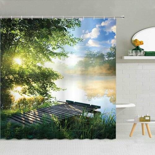 Green Plants Wooden Bridge Sunrise Landscape Shower Curtain Mountain River Wall Bathroom Decor Spring Natural Scenery Curtains