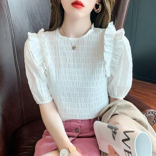 Feminine Short-sleeved Shirt Womens Summer 2021 New Korean Version of Loose Casual Ladies Tops Spliced Blusas Clothing 0616