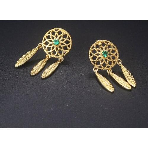 Double Fair Indian Style Dreamcather Earrings For Women Green Zircon Light Gold Color Retro Ethnic Fashion Jewelry E227