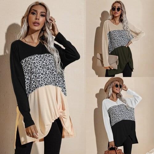 Pullover 2021 Autumn New Long-sleeved Casual Loose Top V-Neck Multicolor Stitching Print Street Cotton Women T-shirt