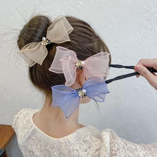 Woman Pearl Bow Hair Bun Maker DIY Hairstyle Tool For Ladies Hair Accessories Bridal Hairband Net Yarn Coiling Device Flower