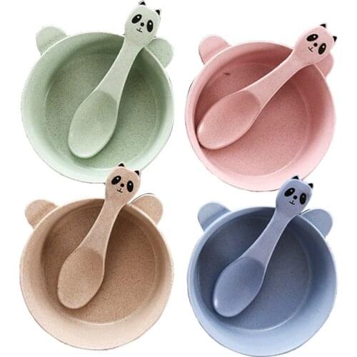 2 Pcs/Set Baby Feeding Food Tableware Panda Wheat Kid Dishes Eco-Friendly Children Training Dinnerware Plate Bowl Spoon