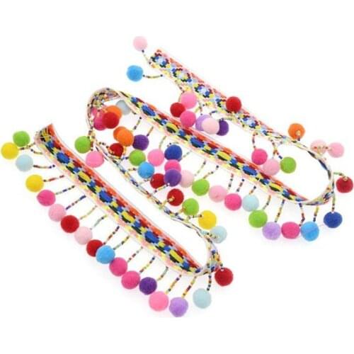 2 yards Colourful Pom Pom Trim, Embroidered Belt Trim Tassel Rainbow Pom Pom Ball Bobble Lace Tassel Ribbon Fringe Trim DIY