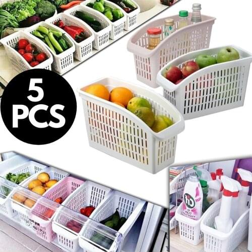5pcs Kitchen Refrigerator Organizer Basket Container Plastic Hollow Drawner Storage Box Pantry Food Space Saver Fridge Rack
