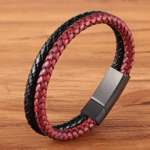 Double-layer Hand-woven Rope Leather Stainless Steel Bracelet Charm Jewelry For Men Black Magnetic Clasp DIY Customization