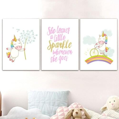 Unicorn Decoration Painting Rainbow Cartoon Home Decoration Canvas Painting She Leaves a Little Sparkle Whenever She Goes Poster