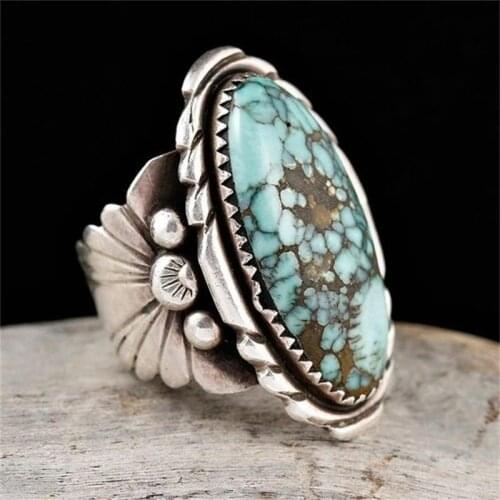 New Retro Oval Turquoises Silver Color Ring Fashion Unisex Jewelry Holiday Party Retro Gift For Friends