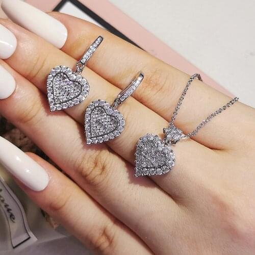 2pcs Pack 2021 New Fashion Heart 925 Sterling Silver Ring Stud Necklace Set For Women Anniversary Gift Jewelry Wholesale J6371