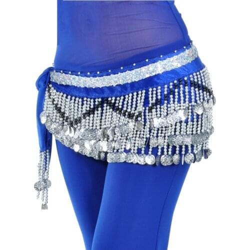 Belly dance costume clothes indian dance belt waist chain hip scarf women girl dance with 258 silver coins,10 colors B-003