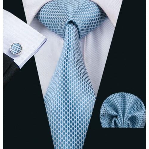 LS-1535 Barry.Wang Classic Men`s Tie 100% Silk Blue Novelty Necktie Hanky Cufflink Set For Men`s Wedding Party Business