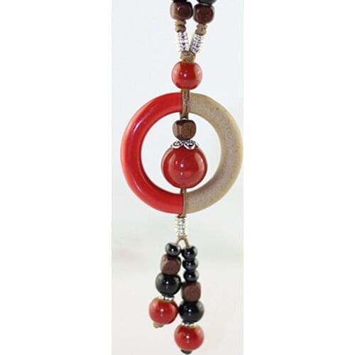 Fashion Women Ceramic Beads Circle Tassel Necklace Pendant Vintage Ethnic Style Long Sweater Chain Girls Jewelry