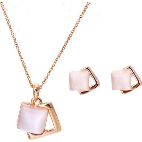 MOONROCY Rose Gold Color Opal Necklace Earring Jewelry Set Rigant Vintage Geometry For Women Square Gift Wholesale Dropshipping