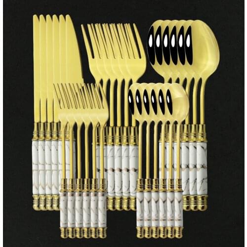 6/30pcs Ceramic White Gold Dinnerware Set Stainless Steel Cutlery Home Fork Spoon Knife Dinner Set Green Gold Flatware Set