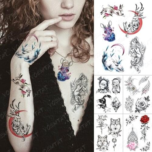 Waterproof Temporary Tattoo Sticker Child Rabbit Elves Flash Tattoos Monkey Fox Rose Bird Body Art Arm Flower Fake Tatoo Women