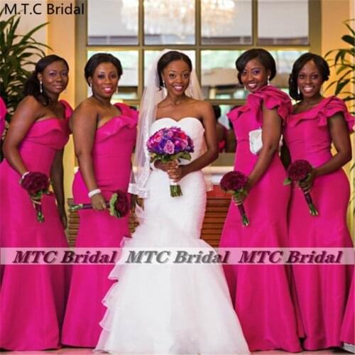 One Shoulder South African Fuchsia Bridesmaid Dresses Ruffles Satin Mermaid Long Maids Of Honor Gowns For Party 2021