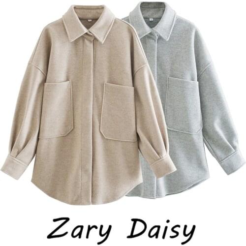 Zary Daisy autumn and winter womens clothing new personalized pocket woolen shirt casual coat women