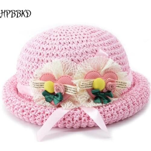 2020 New Baby Girl Handmade Straw hat Casual Girls Flower Design Bucket Hat girls Roll-up Outdoor Cap kids Sun hat CM-015