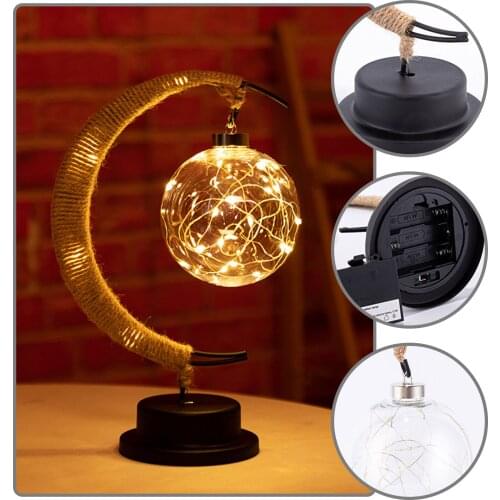 LED Moon Sepak Takraw Lamp, Line Rattan Handmade Hemp Rope Wrought Iron Night Light Home Decoration Sleeping Lantern Bedroom