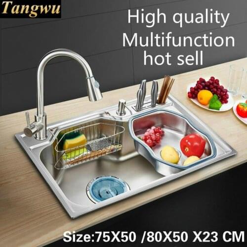 Tangwu Fashion kitchen Food grade stainless steel water trough large single groove fittings is complete 75X50 80X50X23 CM