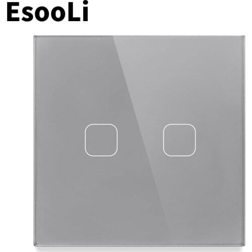 EsooLi Light Switch Mute switch 2 Gang 1 Way EU/UK Wall Touch Sensor Switch,Crystal Glass switch power,luxury Wall Touch
