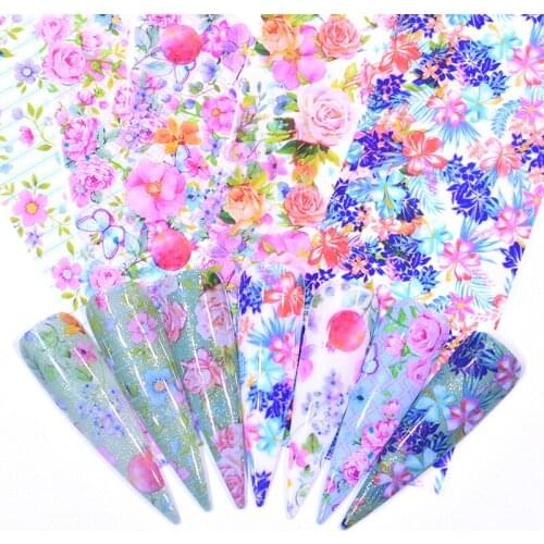 WUF 5Pcs Fashion Nail Foil Stickers Set Women For Nails Rose Blue/Green Flowers Art Stick Decals Transfer Sticker Decoration DIY