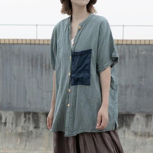 QPFJQD Ladies Retro Shirts And Tops Stand Collar 2021 Summer Autumn Button Pockets Women Cotton Linen Blouses Short Sleeve