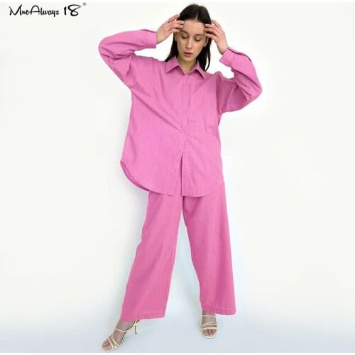 Mnealways18 Autumn Pink Woman Pants Suits Solid Cotton Linen 2 Piece Sets Long Sleeve Shits And Wide Pants Pocket Ladies Outfits