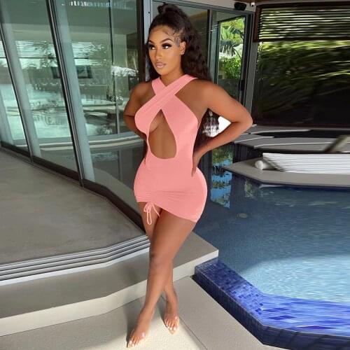 Off The Shoulder Ruched Drawstring Sheath Dress Women Sexy Cross Collar Sleeveless Skinny Dress Elegant Hollow Out Club Dress