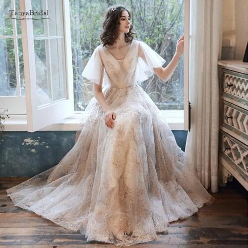Light Champagne Prom Dresses Short Sleeves 2021 V Neck Elegant Simple Women vestido de fiesta de boda Evening Party Dress JQ809