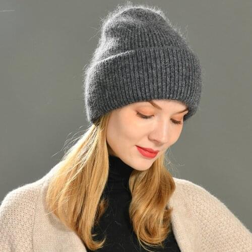 Winter Beanie Hat for Women Double Fold Cashmere Knitted Skullies Hat Long Rabbit Fur Beanie Warm Bonnet Hat Female